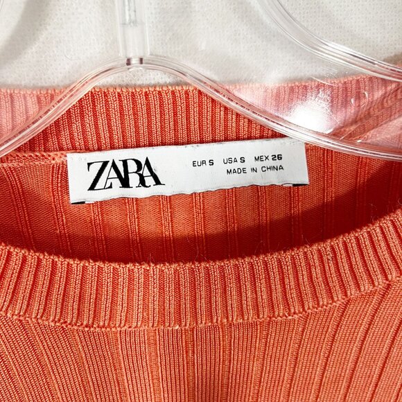 Zara Orange Ribbed Long Sleeve Crop Top Crewneck Fitted Stretch - Size Small - Picture 3 of 6